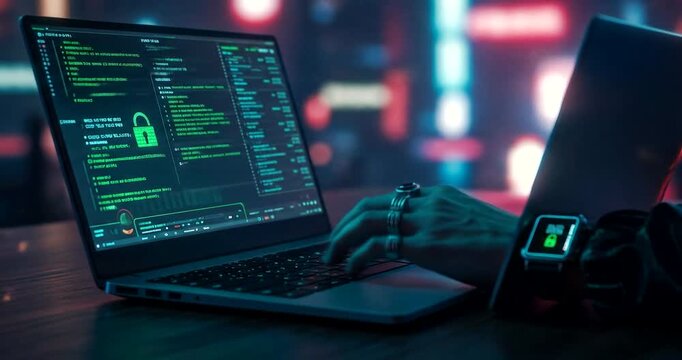 Cybersecurity expert working on a laptop with a smartwatch in a dark environment.