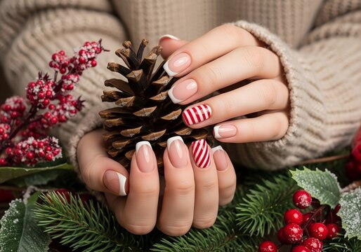 Hands holding pine cone with festive decorations and holiday nail art, showing Christmas beauty and winter style