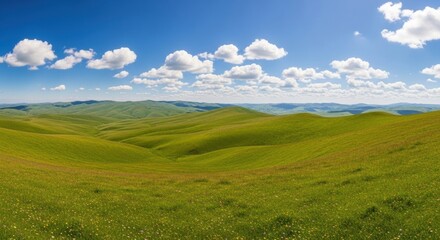 Fototapeta premium Rolling Green Hills Under a Blue Sky with Clouds, Landscape, Nature, Grass