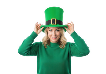 Smiling woman in green st patricks day hat, celebrating irish culture and festive traditions