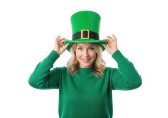 Smiling woman in green st patricks day hat, celebrating irish culture and festive traditions