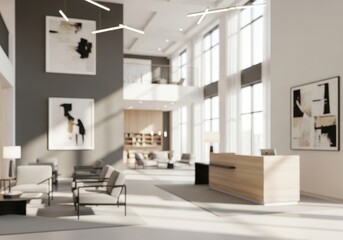 Corporate office interior room lobby with high ceiling and large window