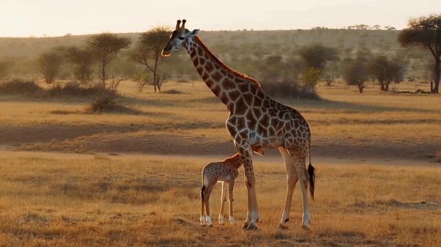 A majestic giraffe stands protectively alongside its newborn calf in the golden savanna landscape. The scene showcases a tender moment of nature and parental love. Stock Video