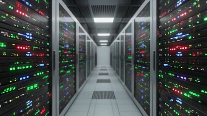 A walk-through perspective of a modern data center corridor lined with server racks and network hardware, with colorful lights blinking - Powered by Adobe