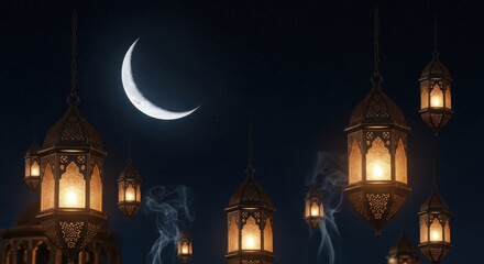 Obraz premium Ramadan lanterns against a starry night sky with crescent moon, Islamic, Muslim, Lamp