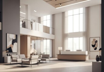 Blurred corporate office lobby with high ceiling and large window