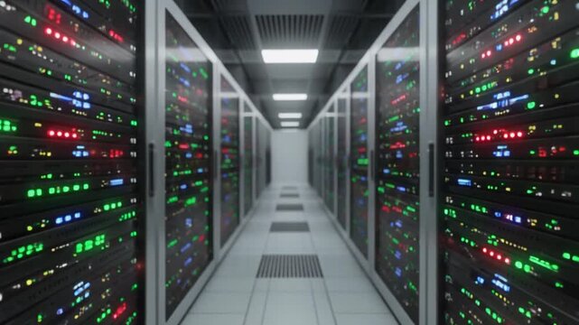 A walk-through perspective of a modern data center corridor lined with server racks and network hardware, with colorful lights blinking