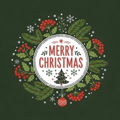 Scandinavian Folk Christmas Wreath Card with Tree and Snowflakes