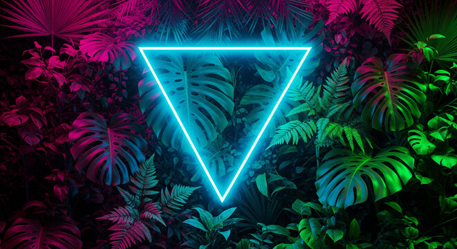 Creative fluorescent color layout made of tropical leaves. Flat lay neon colors. Nature concept.
