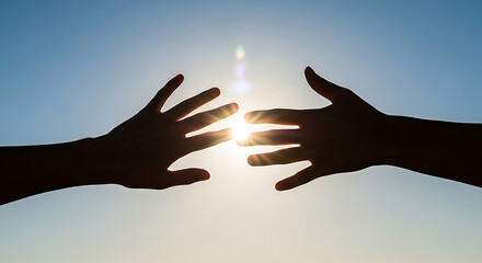Inspiring human connection two hands reaching out towards a radiant sun, symbolizing hope and support