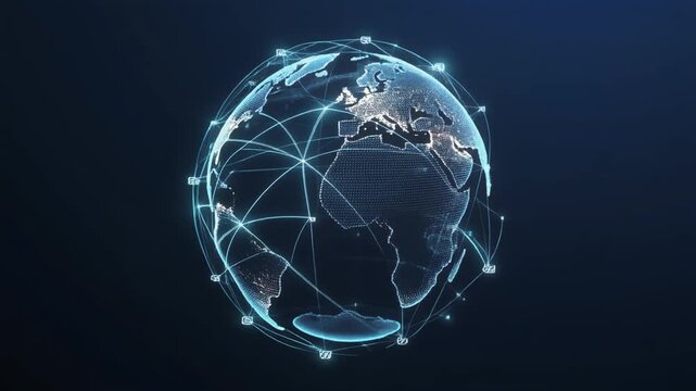 Futuristic visualization of planet Earth with a glowing network of connections, illustrating global communication and data transfer concepts