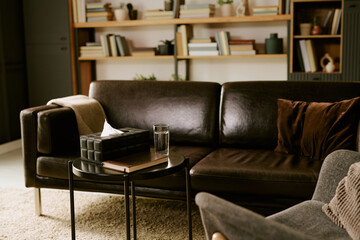 Empty therapy office showing leather sofa, tissue box, glass of water and books on table, bookshelf...