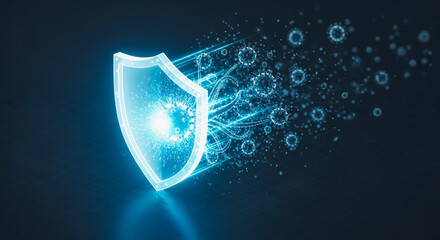 A digital shield of protection symbolizes the fight against virus particles in a captivating and modern design. The image showcases the resilience of protection in a clean, high-tech style. 