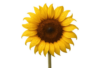 Yellow sunflower head with open petals and water droplets showing detail, isolated on transparent background