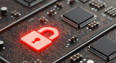 The digital realm takes center stage with a glowing padlock overlayed on an intricate circuit board, representing the concepts of security and digital protection in the modern age.