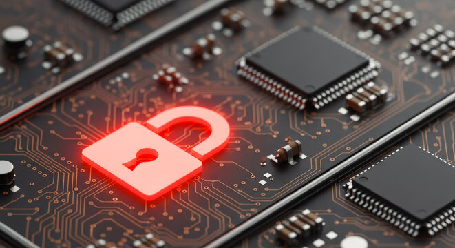 The digital realm takes center stage with a glowing padlock overlayed on an intricate circuit board, representing the concepts of security and digital protection in the modern age.