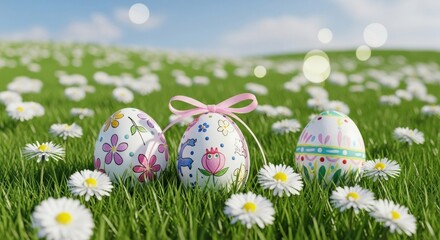 Festive Easter Eggs in Daisy Field Under Sunny Sky, Spring, Celebration, Holiday