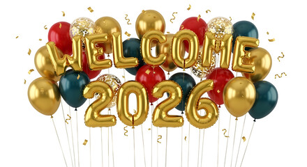 Welcome 2026 gold foil balloons colorful festive celebration