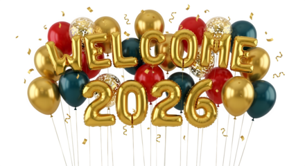 Welcome 2026 gold foil balloons colorful festive celebration