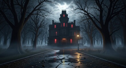 Spooky Victorian Mansion on a Foggy Road, Haunted, House, Creepy