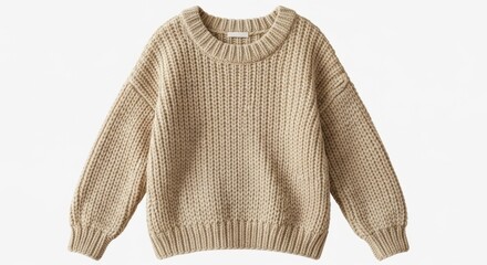 Cozy Knitted Beige Sweater on White Background, Warm, Clothing, Fashion
