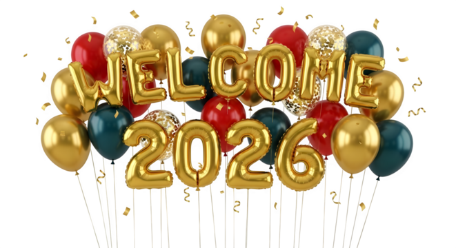 Welcome 2026 gold foil balloons colorful festive celebration