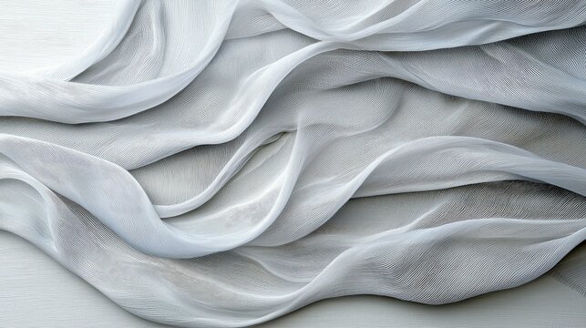 A close-up abstract view of flowing white sheer fabric with subtle texture and elegant folds, creating a soft, airy, and ethereal visual.
