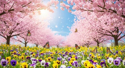 Spring Blossom Meadow with Butterflies, Cherry blossom, Sakura, Flowers
