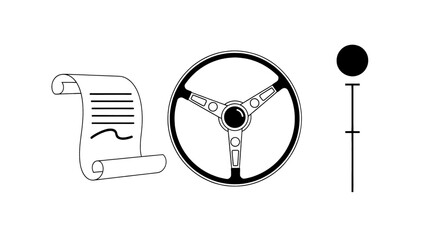 Illustration of a steering wheel, gear shift, and contract for driving lessons or car purchase