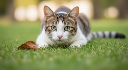 Alert Cat with Green Eyes on Grass, Feline, Kitten, Pet