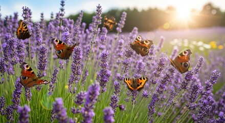 Butterflies Fluttering in a Lavender Field at Sunrise, Butterfly, Nature, Light