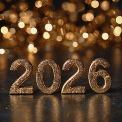 Glittering 2026 numbers sparkle against a warm golden bokeh, creating a dreamy holiday mood. Perfect for New Year cards, festive ads, luxury celebration posts, and glowing seasonal designs.