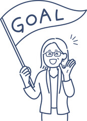 ゴールと書かれた旗を持つ笑顔の40代女性のイラスト　線画のみ