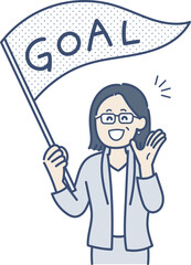 ゴールと書かれた旗を持つ笑顔の40代女性のイラスト
