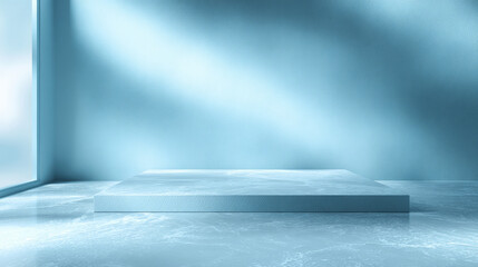 "Spacious background with soft blue lighting and subtle shadows, featuring a blurry spotlight—perfect for winter presentations, branding, cosmetics, and food products."