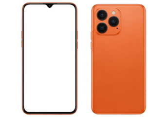 Orange smartphone showcasing front and back designs with multiple camera lenses setup