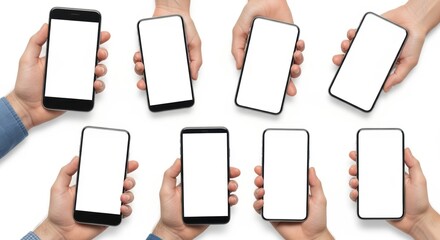 Multiple hands holding smartphones with blank screens on white background, Mobile phone, Copy space, Technology
