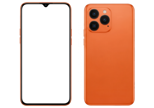 Orange smartphone showcasing front and back designs with multiple camera lenses setup