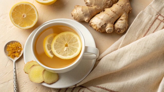 Warm ginger tea with lemon slices and fresh ginger on a table with a soft cloth and sliced lemon