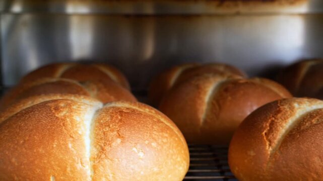 Freshly baked golden bread rolls in an oven. The warm light creates an inviting scene Stock Video