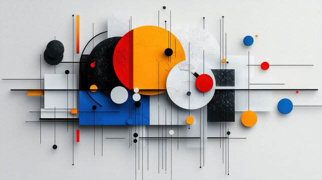 A dynamic abstract composition featuring overlapping geometric shapes like circles and squares, accented by thin lines and dots, in a palette of primary colors.