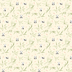 Flower pattern, leaves floral seamless. Small little panda on yellow background. wallpaper pattern. tiny bamboo leaf, cottage core style, design for fashion, fabric, packaging, stationary, textile