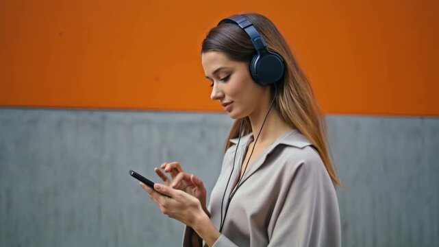 A woman using a smartphone while wearing headphones. She is standing in front of an orange background, focused on her device. Stock Video