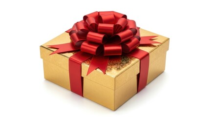 Gold Gift Box with Red Ribbon and Bow on White Background, Present, Golden, Celebration