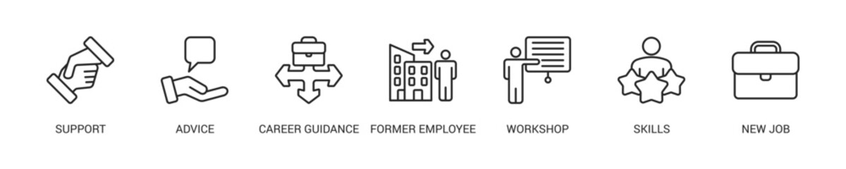 Outplacement Line Icon Set For Web Banner. Vector Illustration Concept With Some Icons. Designed In Line Style