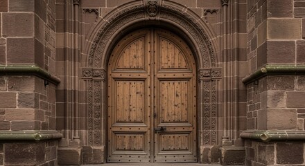 Ornate Wooden Door Arched Entrance with Stone Architecture, Old door, Arched doorway, Stone facade