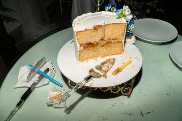 Wedding cake after party celebration with serving utensils