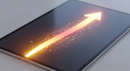 A modern smartphone displaying a glowing upward arrow symbolizing growth, progress, or success in a sleek and minimalistic setting
