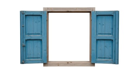Open Blue Wooden Window Shutters on White Background, Rustic, Exterior, Facade