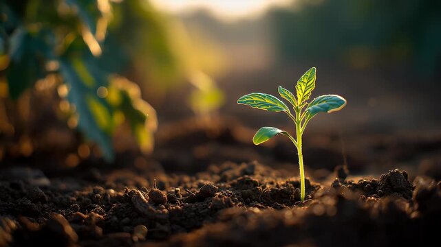 Small green seedling sprouting in fertile ground bathed in warm sun rays